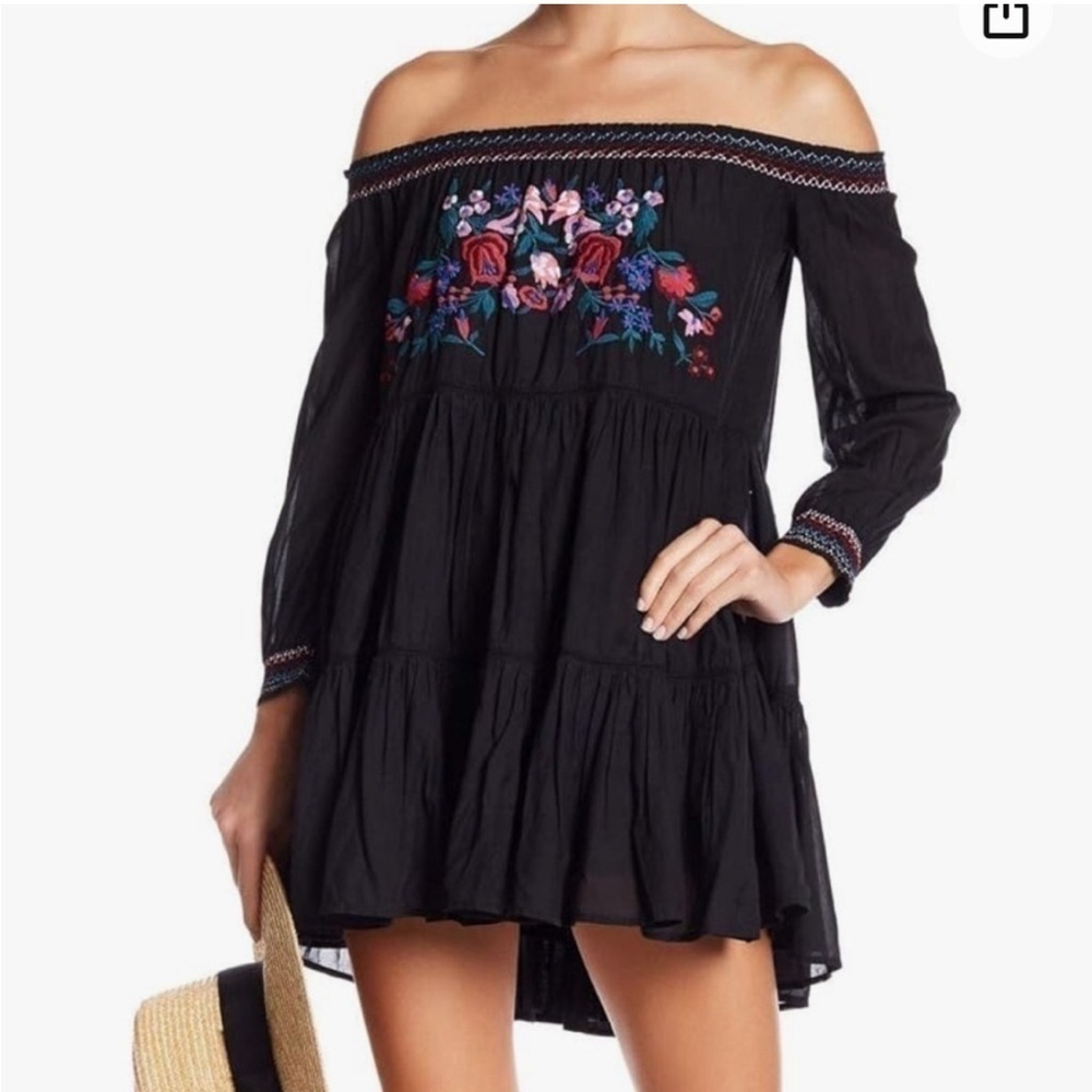 Free People Sunbeams Floral Embroidered Off The Shoulder Mini Dress Boho L